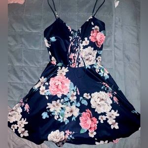 Navy Blue Floral A-Line Mini Dress